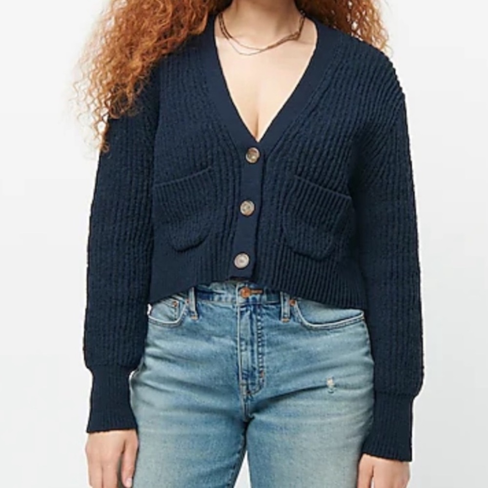 J.Crew navy thick cotton blend cropped patch pocket cardigan sweater, Size XS